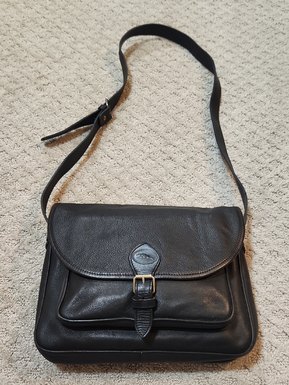 Longchamp Classic Black Pebble Leather Crossbody Bag Flap Buckle Front Closure